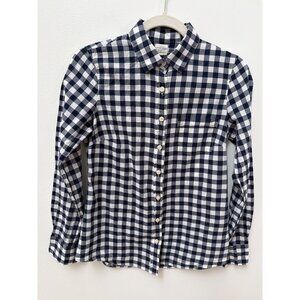J. Crew Navy & White Gingham Button-Down Shirt XS 100% Cotton Womens Casual Long